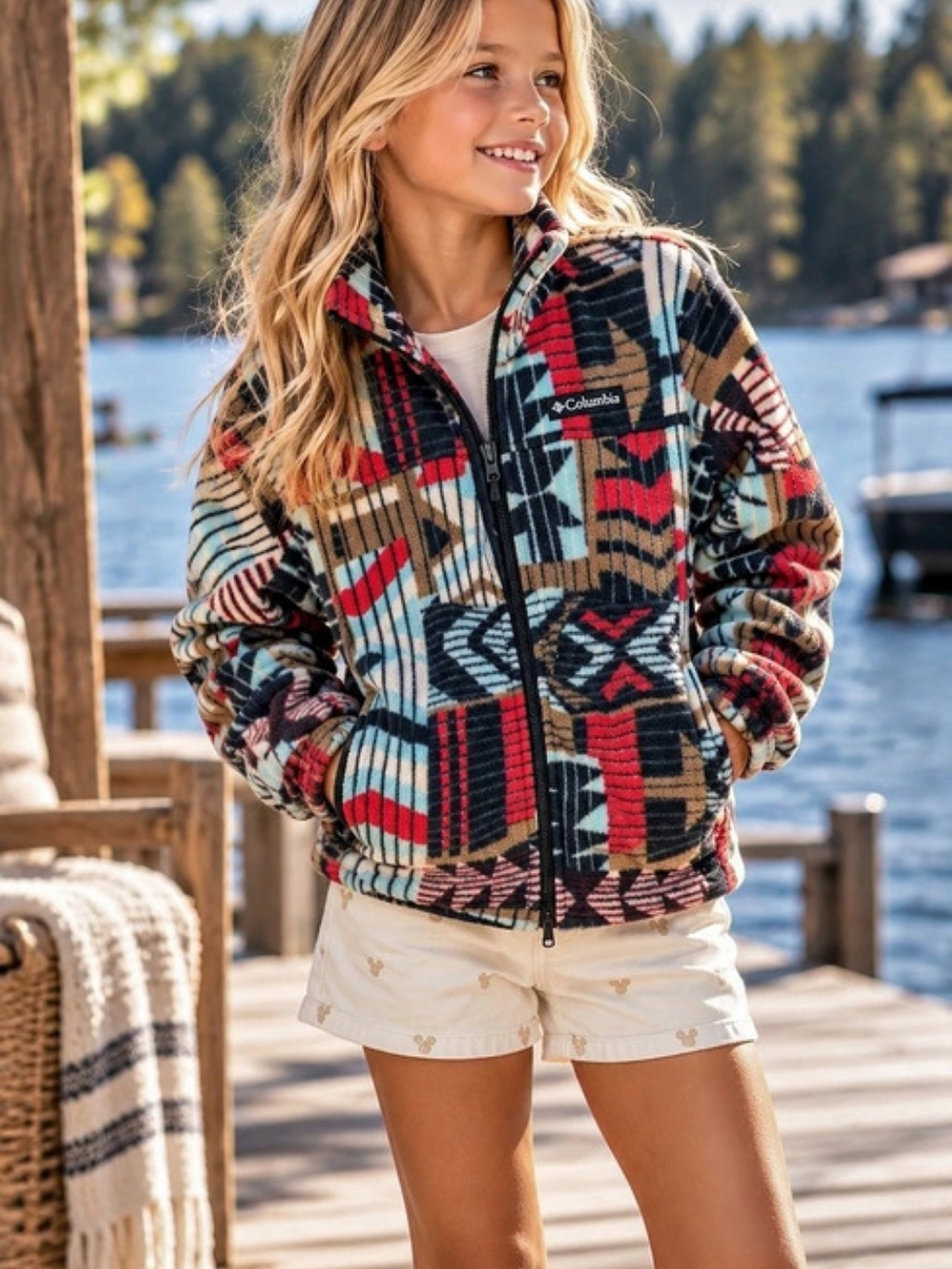 Columbia Printed Full Zip Fleece Jacket Geometric Fleece Jacket in Black & Red